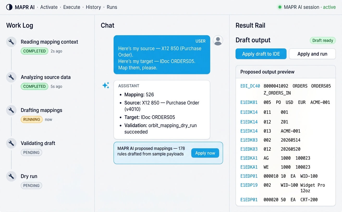 MAPR AI session — Work Log on the left, AI proposal in the centre mapping X12 850 to IDoc ORDERS05, draft output with Apply-to-IDE buttons on the right