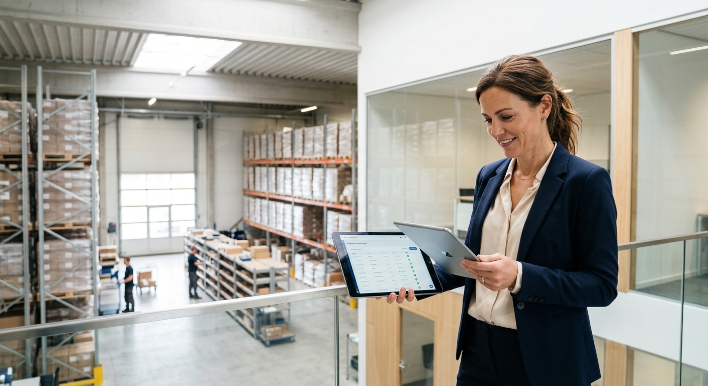 Logistics manager on warehouse mezzanine reviewing partner dashboard on a tablet