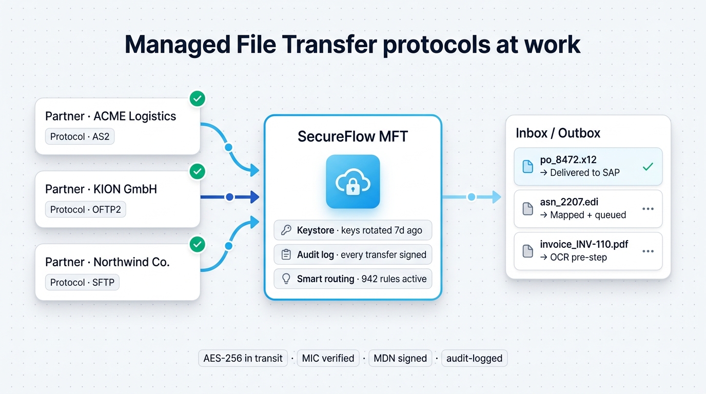 SecureFlow MFT flow diagram: three partner cards on the left (ACME-AS2, KION-OFTP2, Northwind-SFTP) connect through the SecureFlow MFT core to an inbox showing live transfers being delivered, mapped, and queued.