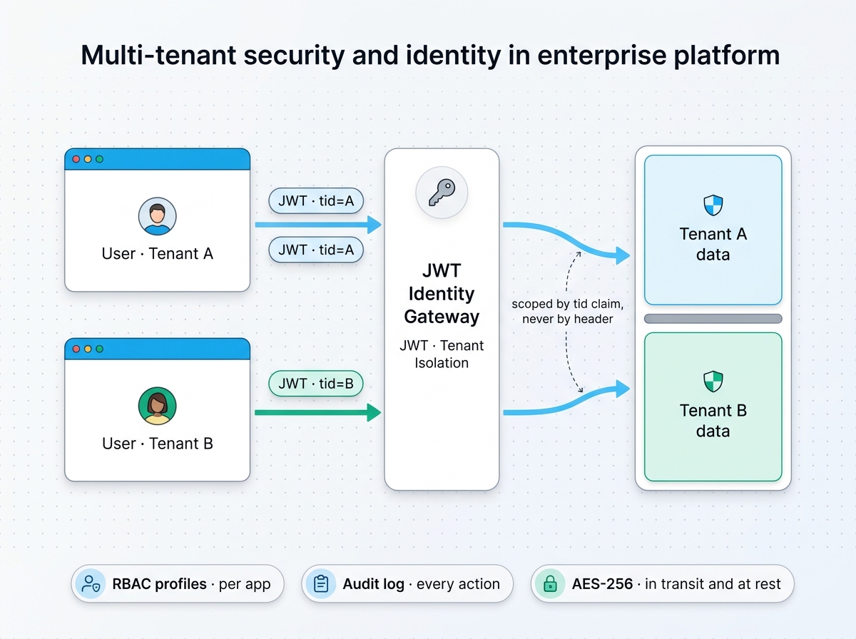 Multi-tenant security model: two users in different tenants each present a JWT scoped to their tenant ID, route through the JWT Identity Gateway, and the gateway routes them only to their own tenant's data.