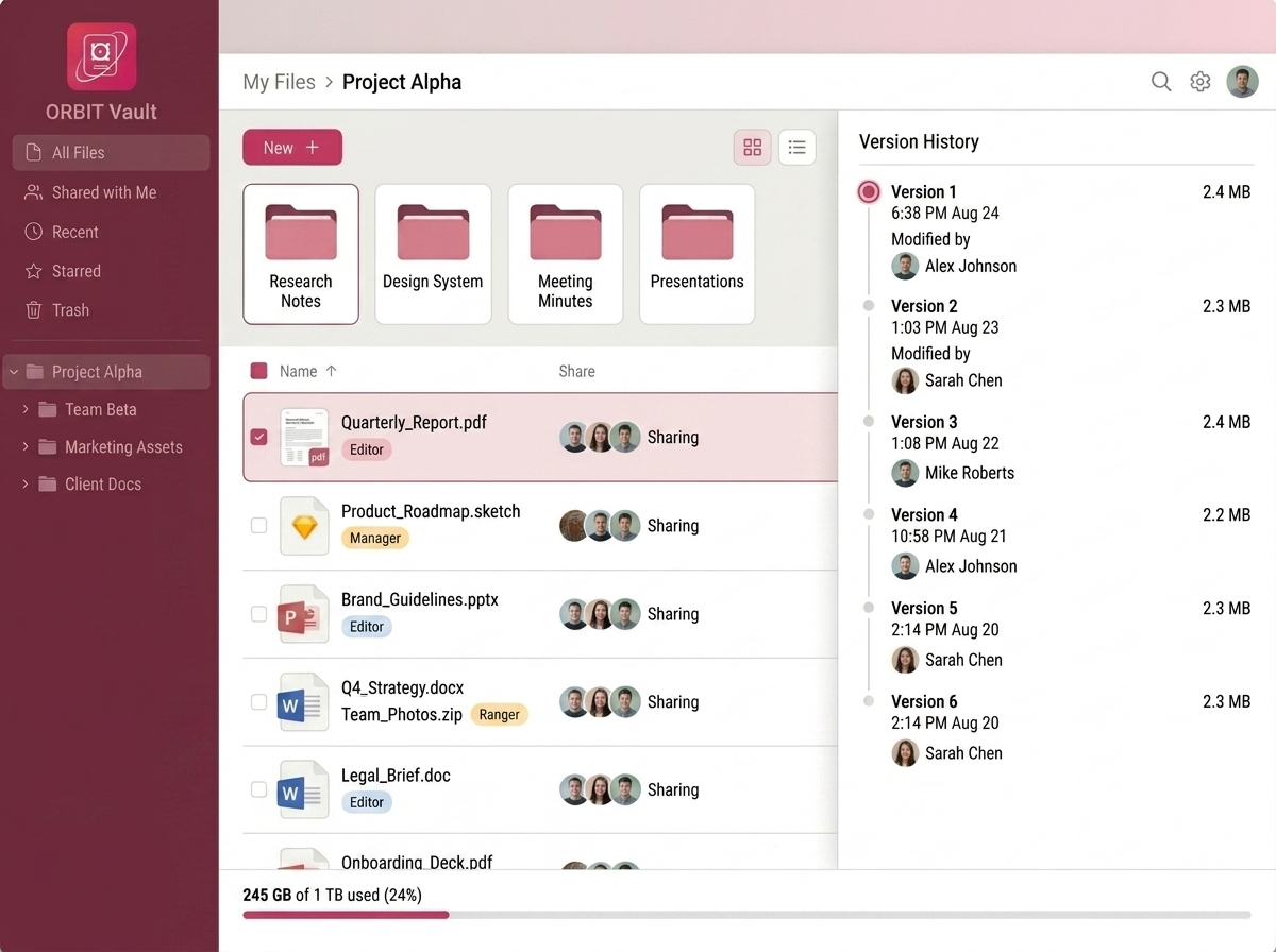 Orbit Vault dashboard preview showing files, folders, and full version history panel